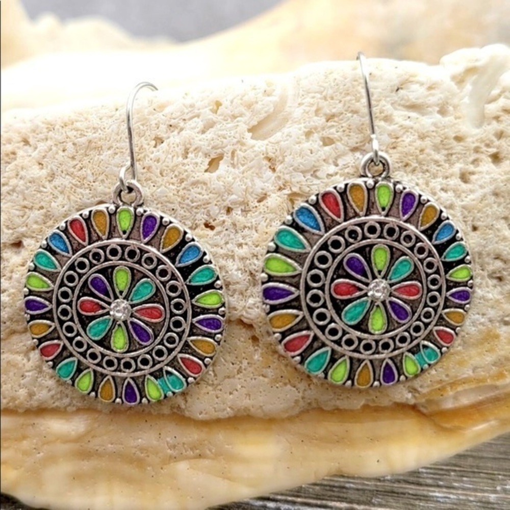 Bitsy” turquoise boho beaded look dangle earring colorful enamel antique
